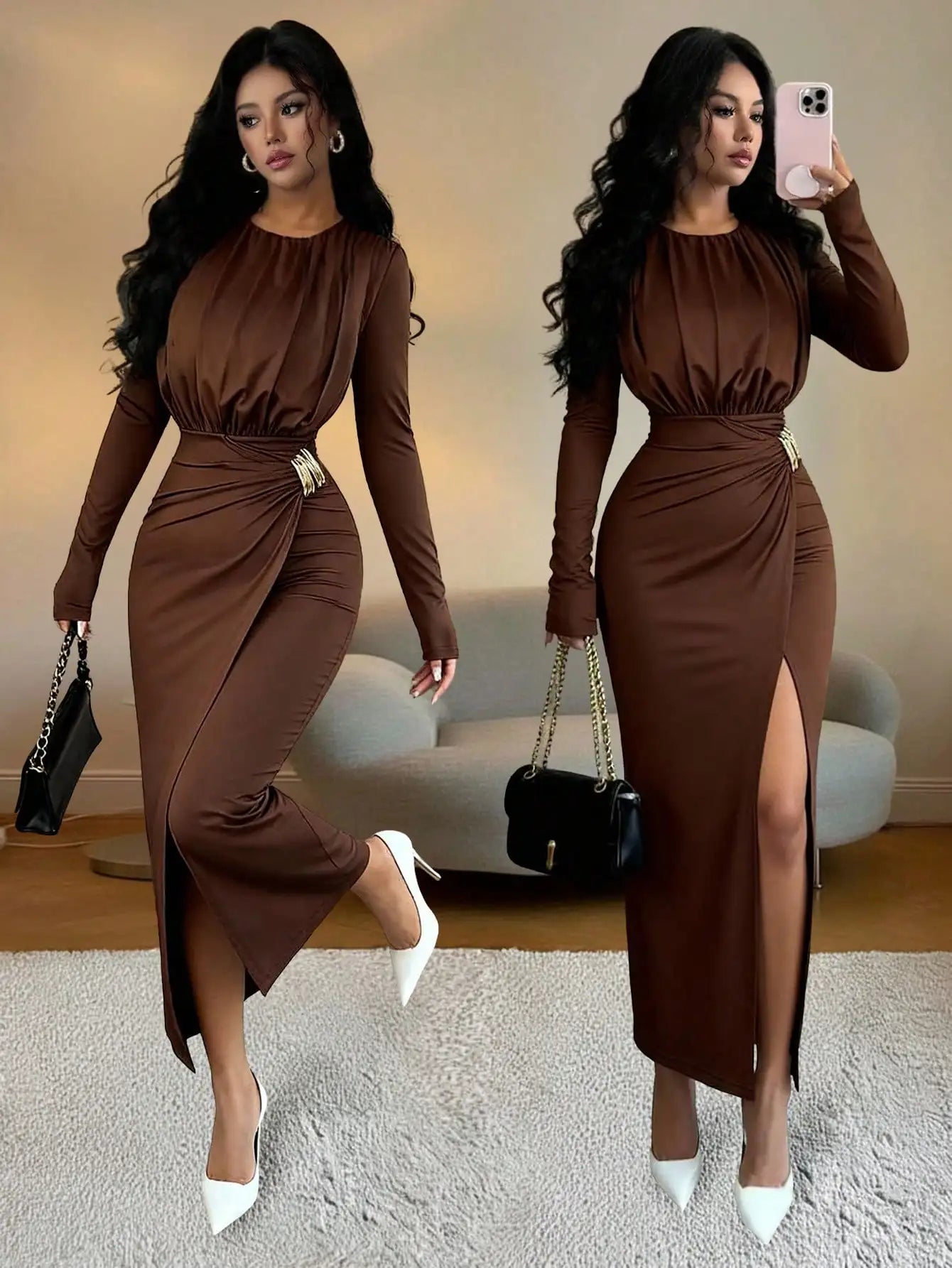 Brown Long Sleeve Fitted Dress with Waist Cinch and Side Slit, Elegant Chic for Party or Commute