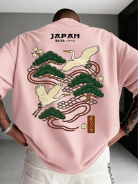 Men's Japanese Crane Embroidered Short Sleeve T-Shirt with Pine Tree Design
