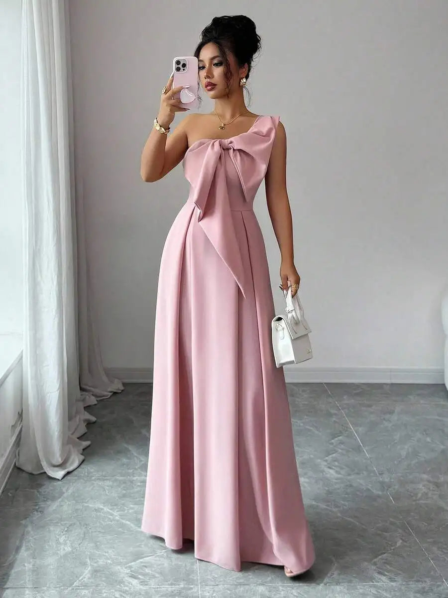 Pink Asymmetrical One-Shoulder Bowknot A-Line Maxi Dress