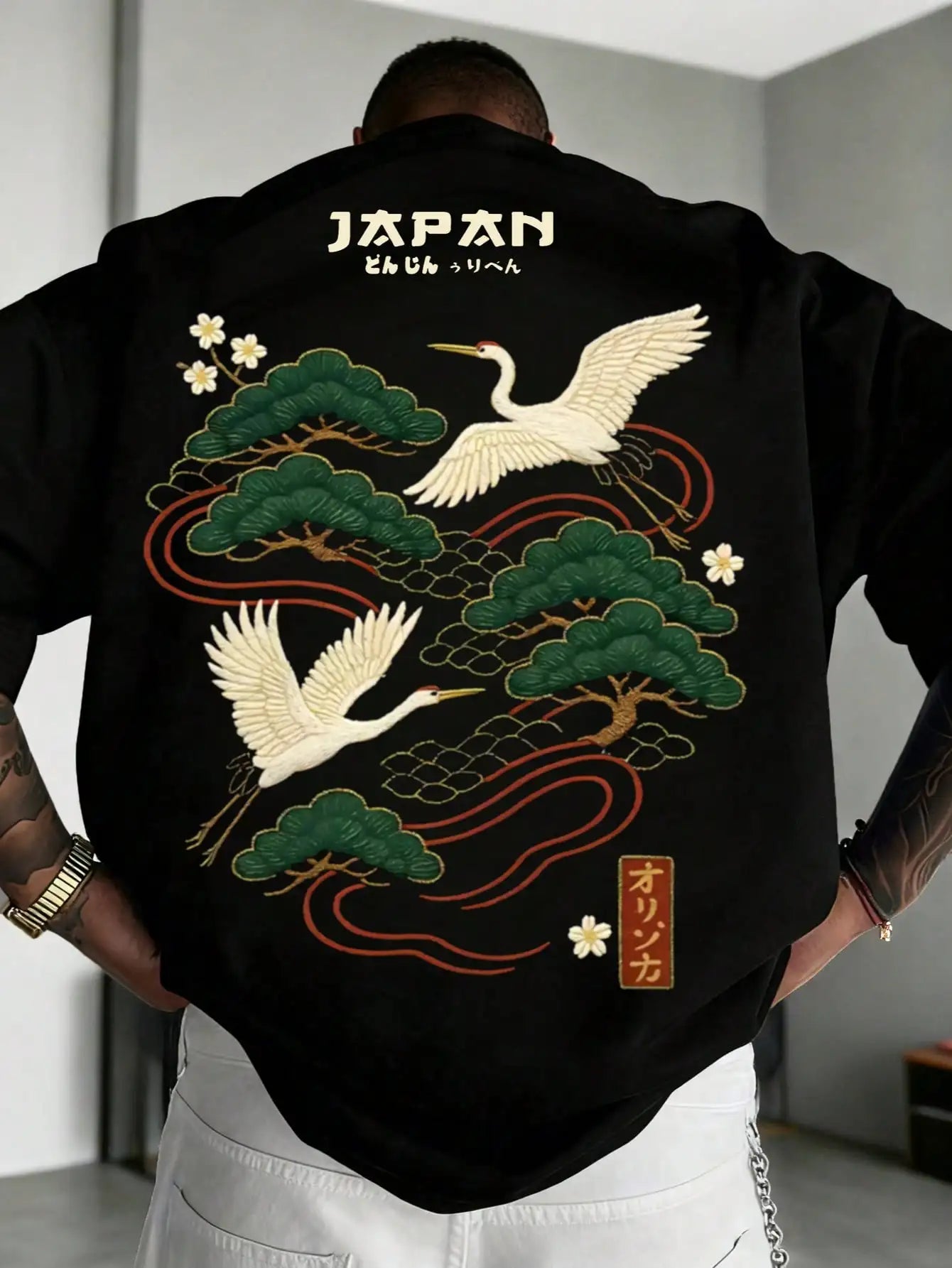 Men's Japanese Crane Embroidered Short Sleeve T-Shirt with Pine Tree Design