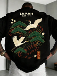 Men's Japanese Crane Embroidered Short Sleeve T-Shirt with Pine Tree Design
