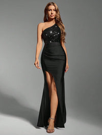 Emerald Green One-Shoulder Sequin Bodice High Slit Maxi Dress