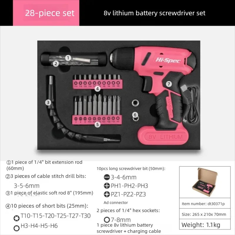 Hi-Spec 92-Piece Pink Home Tool Box Set, Multi-Function Hand Repair Kit with Hammer Cordless Power Drill Combo for Household DIY