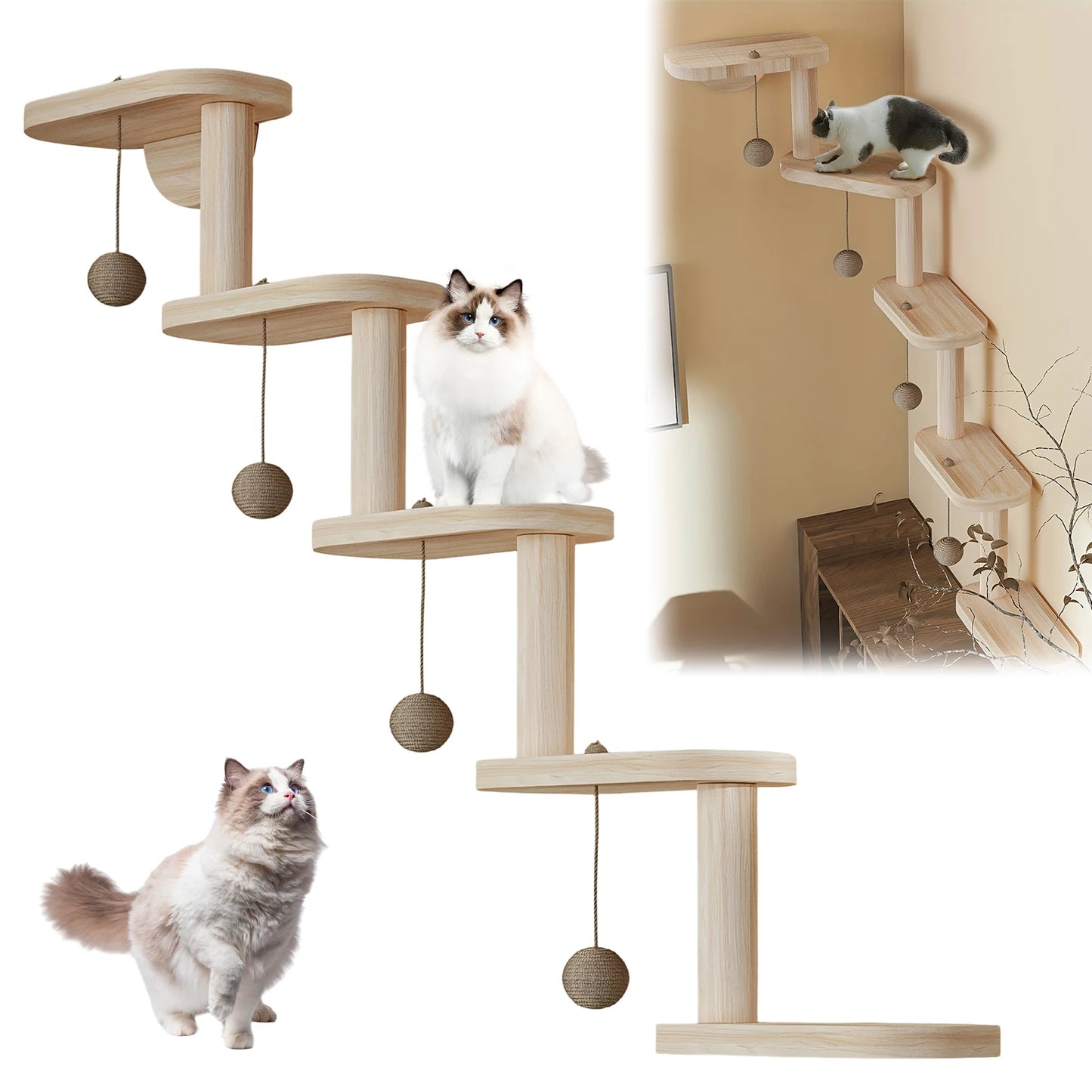 Wall Mounted Cat Climbing Shelves with 5 Step Wooden Cat Ladder Frame Cat Wall Steps Shelves for Sleeping Playing Climbing