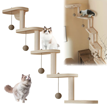Wall Mounted Cat Climbing Shelves with 5 Step Wooden Cat Ladder Frame Cat Wall Steps Shelves for Sleeping Playing Climbing