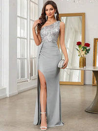 Emerald Green One-Shoulder Sequin Bodice High Slit Maxi Dress