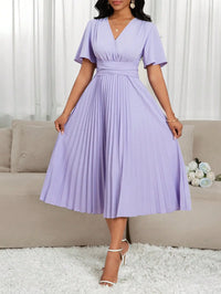Lavender V-Neck Pleated Midi Dress with Flared Sleeves and Waist Tie
