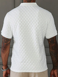 Men's White Textured Waffle Knit Polo Shirt, Short Sleeve, Casual Everyday Wear