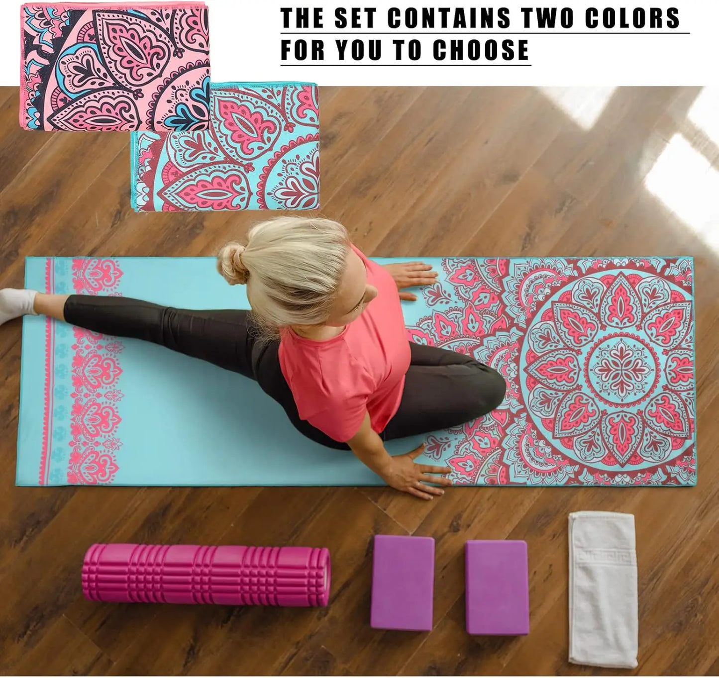 2-Pack Non-Slip Yoga Towel, 73'' x 25'' Soft Sweat-Absorbent Mat for Hot Yoga, Pilates, Gym - Pink & Blue