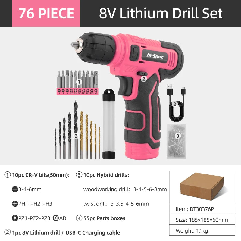 Hi-Spec 92-Piece Pink Home Tool Box Set, Multi-Function Hand Repair Kit with Hammer Cordless Power Drill Combo for Household DIY