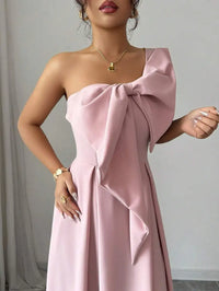 Pink Asymmetrical One-Shoulder Bowknot A-Line Maxi Dress