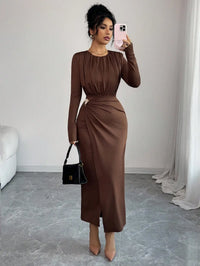 Brown Long Sleeve Fitted Dress with Waist Cinch and Side Slit, Elegant Chic for Party or Commute