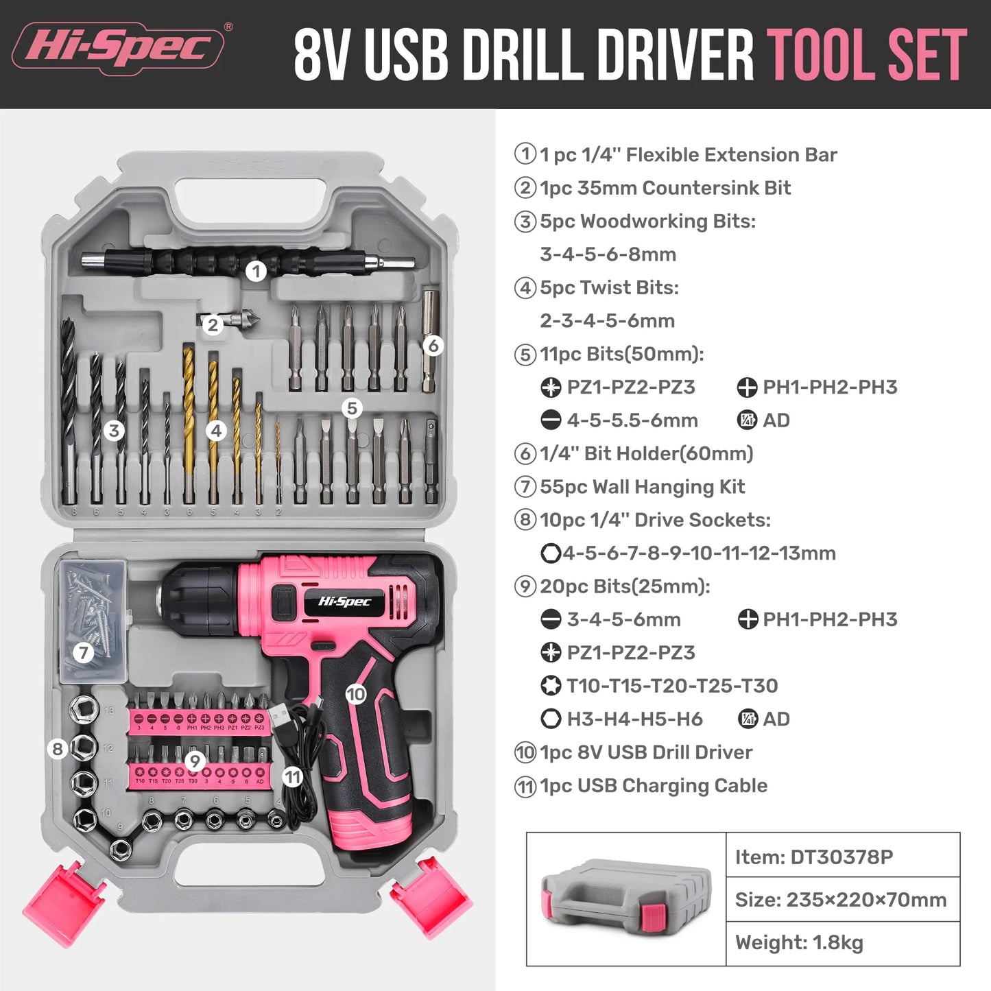 Hi-Spec 92-Piece Pink Home Tool Box Set, Multi-Function Hand Repair Kit with Hammer Cordless Power Drill Combo for Household DIY