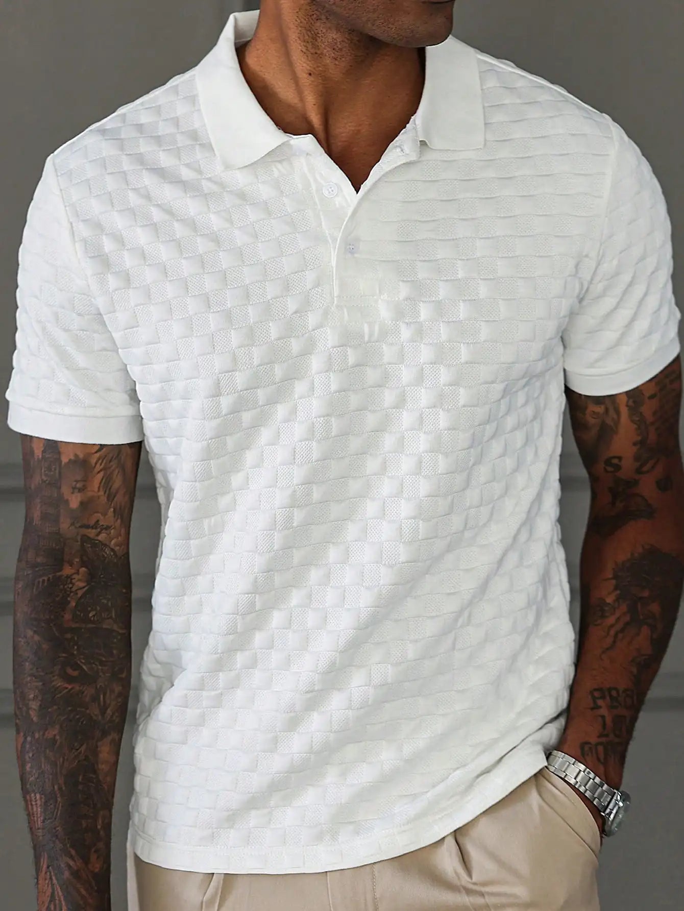 Men's White Textured Waffle Knit Polo Shirt, Short Sleeve, Casual Everyday Wear