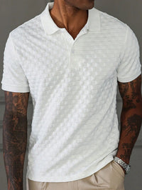 Men's White Textured Waffle Knit Polo Shirt, Short Sleeve, Casual Everyday Wear