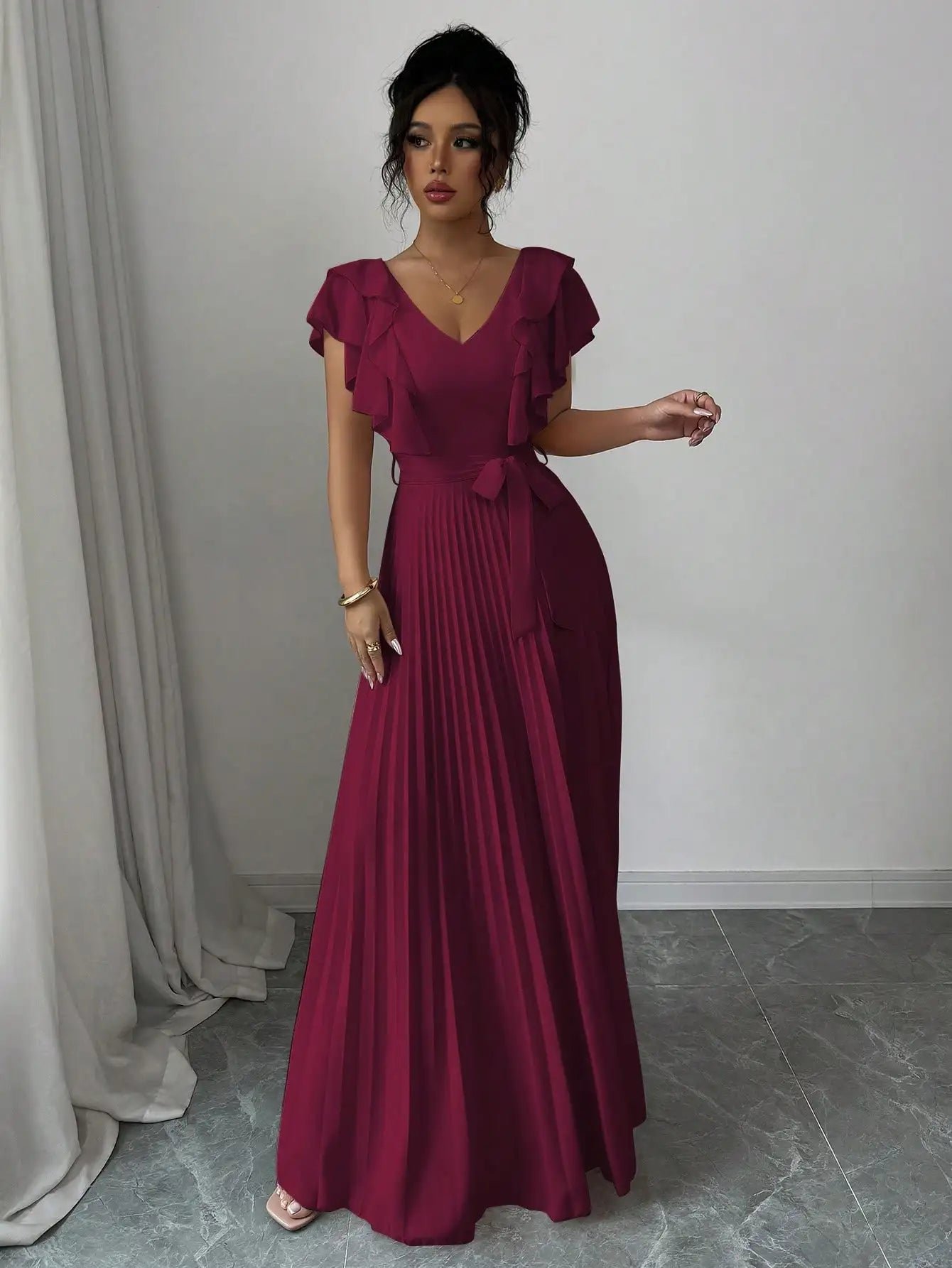 Burgundy V-Neck Ruffle Sleeve Pleated A-Line Maxi Dress with Waist Tie