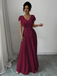 Burgundy V-Neck Ruffle Sleeve Pleated A-Line Maxi Dress with Waist Tie