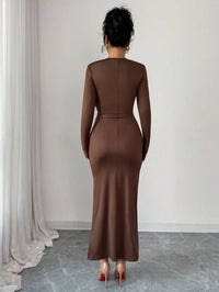 Brown Long Sleeve Fitted Dress with Waist Cinch and Side Slit, Elegant Chic for Party or Commute