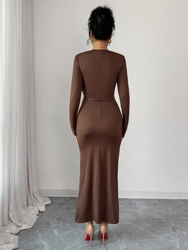 Brown Long Sleeve Fitted Dress with Waist Cinch and Side Slit, Elegant Chic for Party or Commute