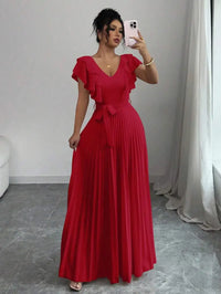 Burgundy V-Neck Ruffle Sleeve Pleated A-Line Maxi Dress with Waist Tie