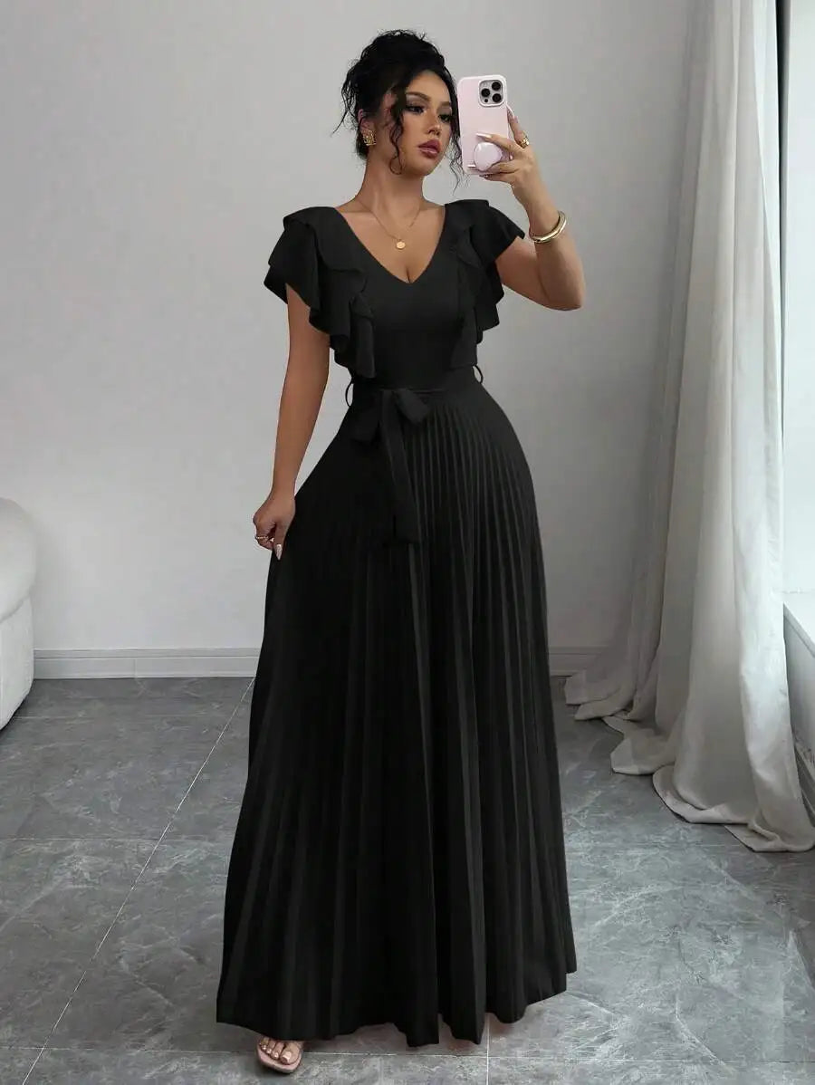 Burgundy V-Neck Ruffle Sleeve Pleated A-Line Maxi Dress with Waist Tie