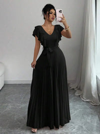 Burgundy V-Neck Ruffle Sleeve Pleated A-Line Maxi Dress with Waist Tie