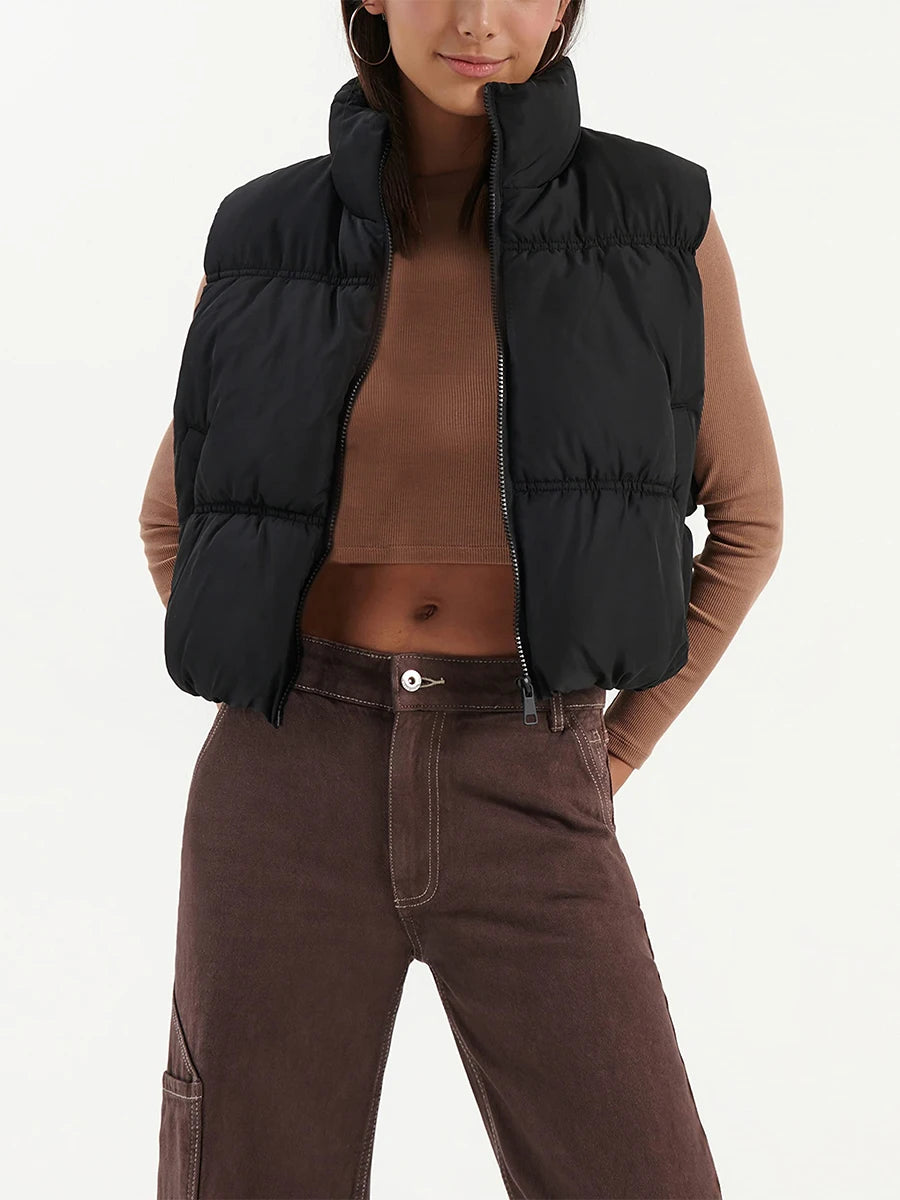 Women s Winter Quilted Waistcoat Solid Color Lightweight Zip Stand Collar Winter Vest Sleeveless Jacket