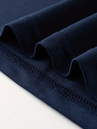 Men's Navy Blue Short Sleeve Polo Shirt with White Horse Silhouette, Casual Summer Wear