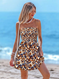 Women's Sleeveless Smocked Waist Ikat Print Mini Dress for Summer Beach