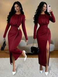 Brown Long Sleeve Fitted Dress with Waist Cinch and Side Slit, Elegant Chic for Party or Commute