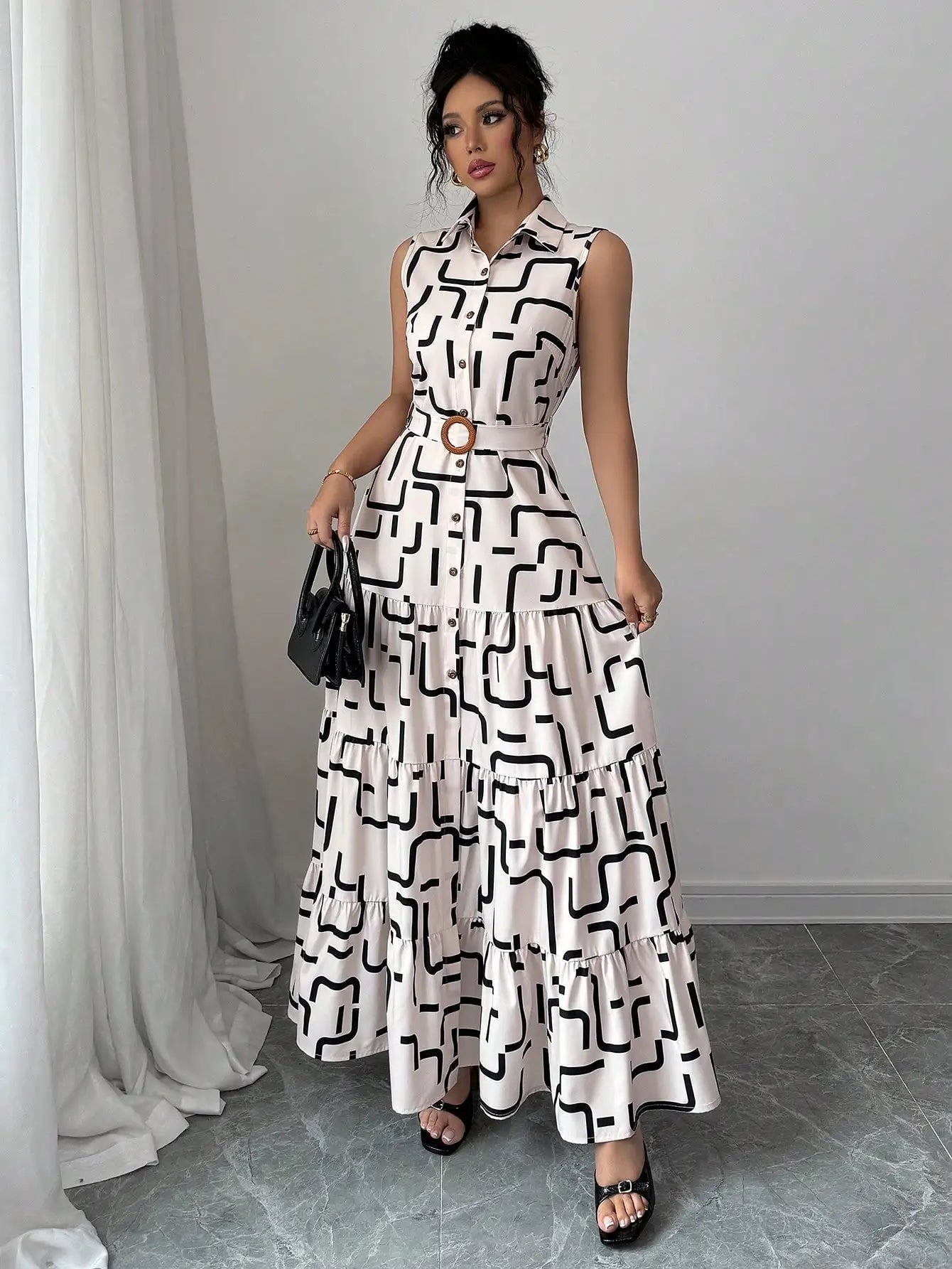 Sleeveless Button-Front Midi Dress with Geometric Print and Tiered Ruffle Skirt