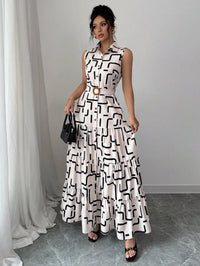 Sleeveless Button-Front Midi Dress with Geometric Print and Tiered Ruffle Skirt
