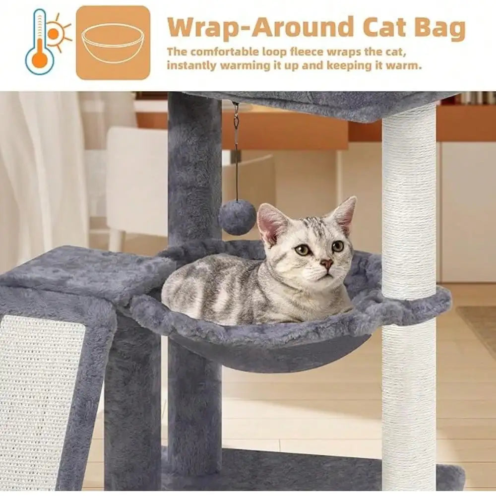 Cat Tree With Scratching Post For Indoor Cats, Cat Tower With Scratching Board And Playful Toy Balls, Cozy Hammock Perch, Grey C