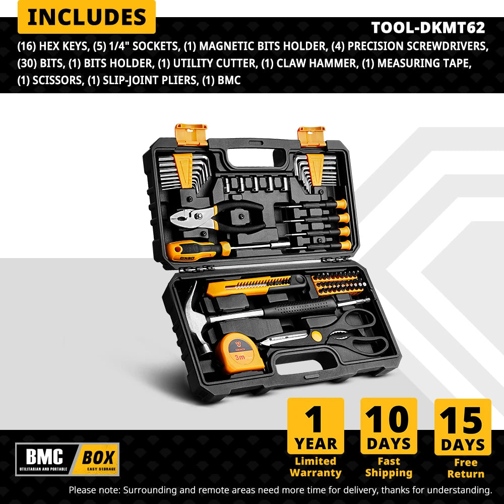 DEKO DKMT62 Hand Tool Kit, CR-V&S2 Material for Professional Car Repairing Ratchet Socket Wrench Set with Bit Socket