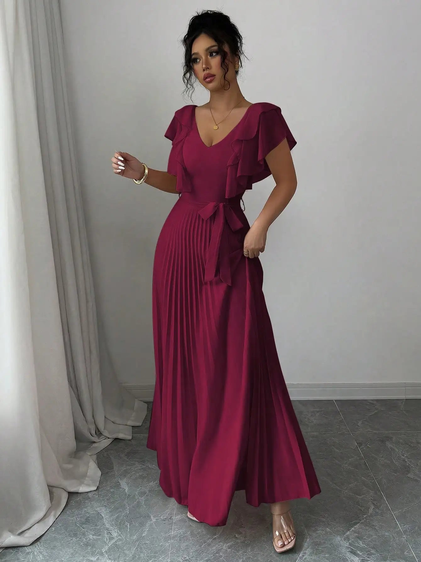 Burgundy V-Neck Ruffle Sleeve Pleated A-Line Maxi Dress with Waist Tie