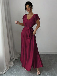 Burgundy V-Neck Ruffle Sleeve Pleated A-Line Maxi Dress with Waist Tie
