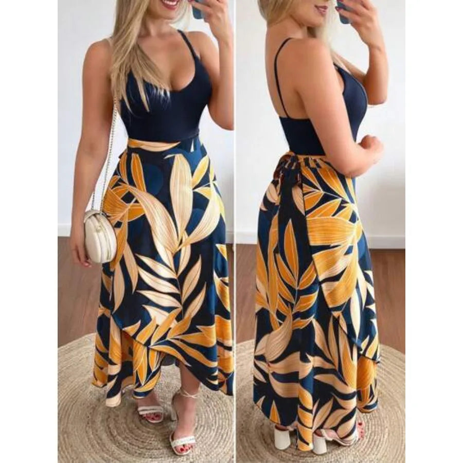【Spot goods】Breezaya Women Tropical Plant Printed Cross Wrap Cami Sleeveless Dress With Spaghetti Straps Maxi Women Outfit