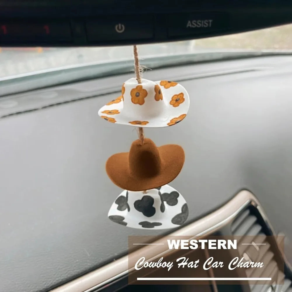 Cowboy Hat Car Charm,Country Rear View Mirror Hanging Accessories,Sunflower Cowgirl hat Cow Print Car Decor,Cute Handmade Felt M