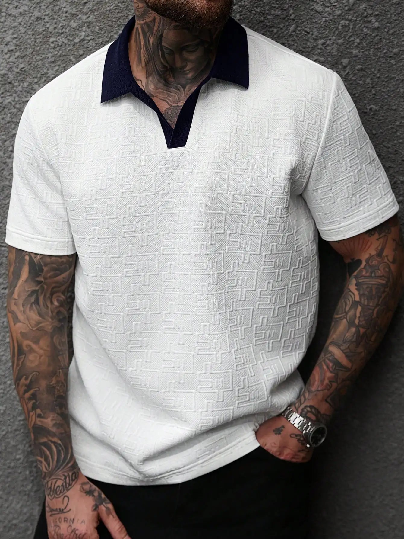 Men's White Textured Polo Shirt with Contrast Navy Collar, Short Sleeve Casual Fit