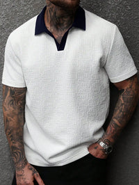 Men's White Textured Polo Shirt with Contrast Navy Collar, Short Sleeve Casual Fit