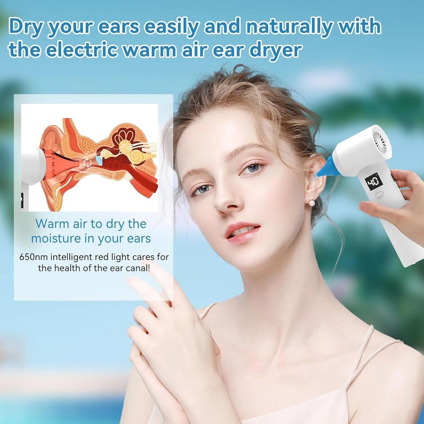 Ear Dryer Water Drying Aid 650nm Red Light Therapy Ear Fluid Remover for Swimmers, Ear Dryer, Sports Ear Blowing Device Ear Care