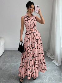 Sleeveless Button-Front Midi Dress with Geometric Print and Tiered Ruffle Skirt