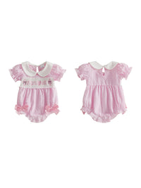 Stylish Baby Girls Summer Romper with Cute Heart Embroidery Short Sleeves Doll Collar and Trendy Plaid Design Jumpsuit