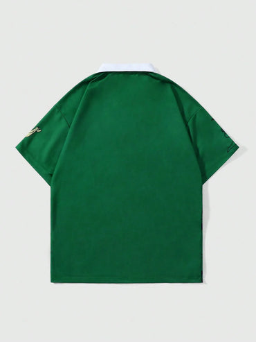 Men's Green Graphic Print Short Sleeve Polo Shirt, Streetwear Style, Casual Wear for Spring Summer