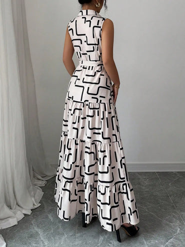 Sleeveless Button-Front Midi Dress with Geometric Print and Tiered Ruffle Skirt