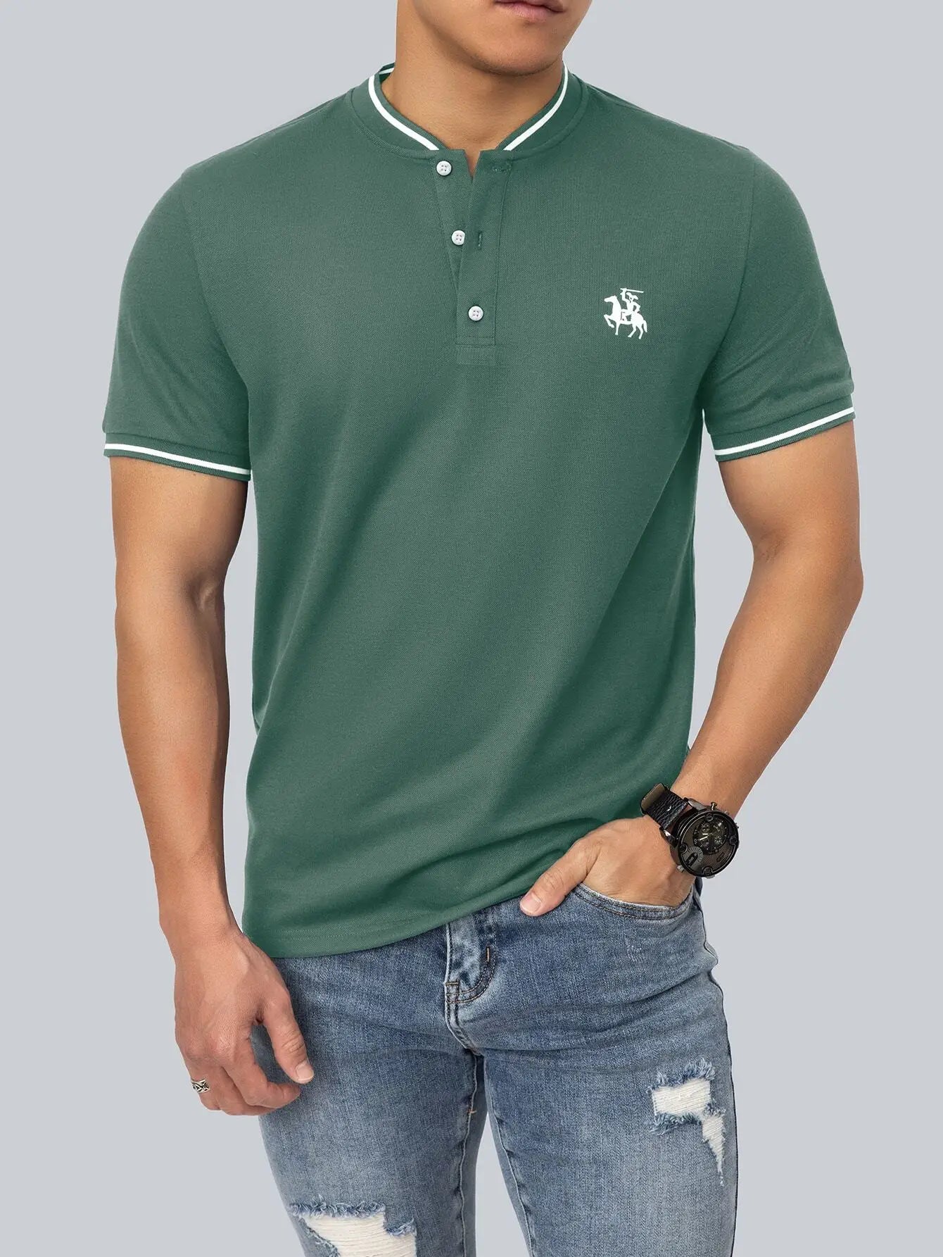 Men's Green Henley Polo Shirt with White Trim and Equestrian Embroidery