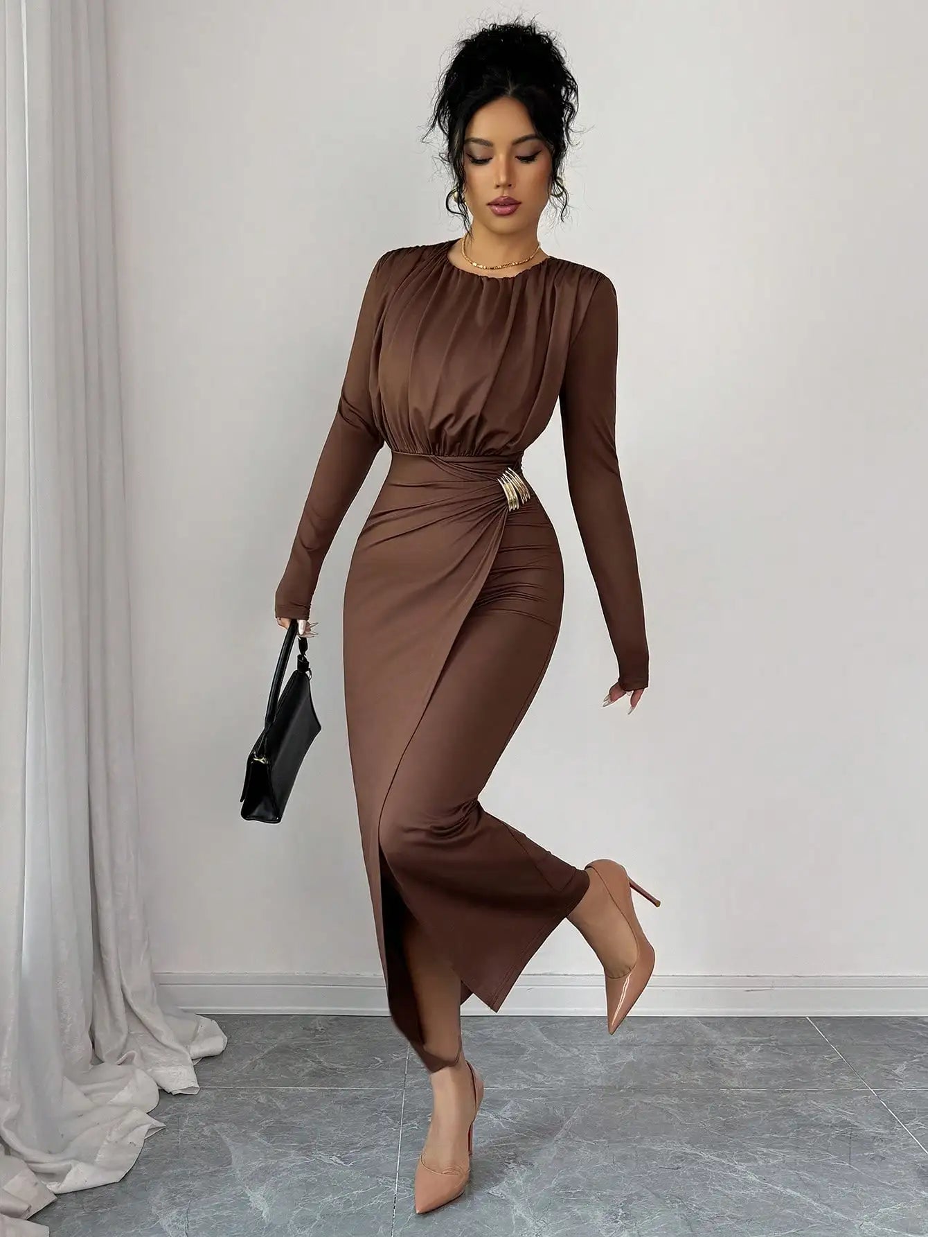 Brown Long Sleeve Fitted Dress with Waist Cinch and Side Slit, Elegant Chic for Party or Commute