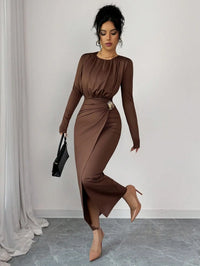 Brown Long Sleeve Fitted Dress with Waist Cinch and Side Slit, Elegant Chic for Party or Commute