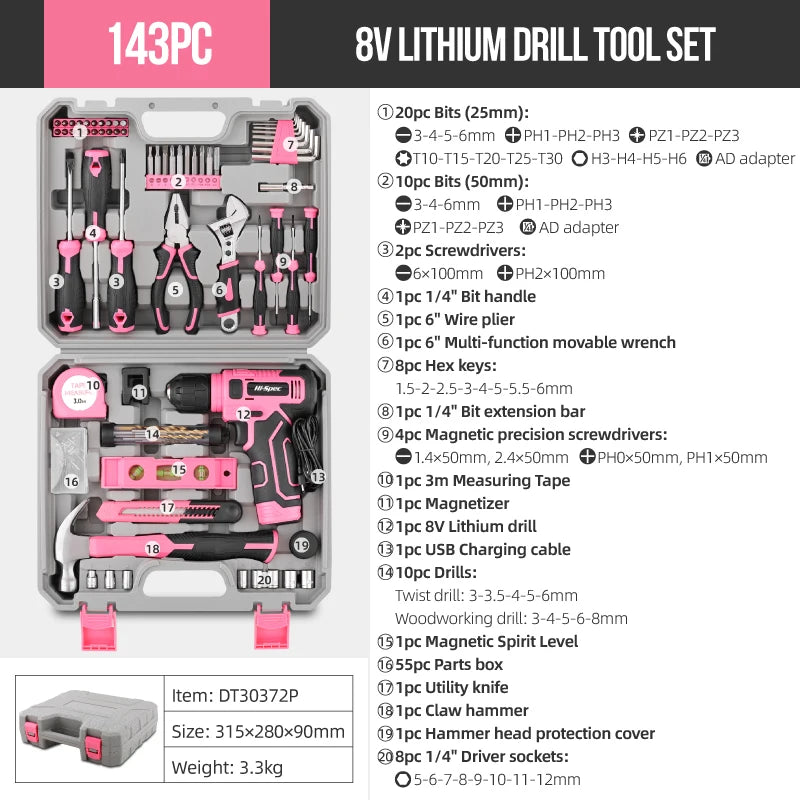 Hi-Spec 92-Piece Pink Home Tool Box Set, Multi-Function Hand Repair Kit with Hammer Cordless Power Drill Combo for Household DIY