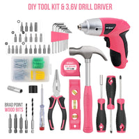 Hi-Spec 92-Piece Pink Home Tool Box Set, Multi-Function Hand Repair Kit with Hammer Cordless Power Drill Combo for Household DIY